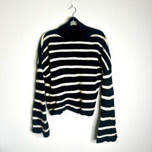 Reformation 100% Yak Striped Black Cream Funnel Neck Flare Sleeves Sweater Sz XS